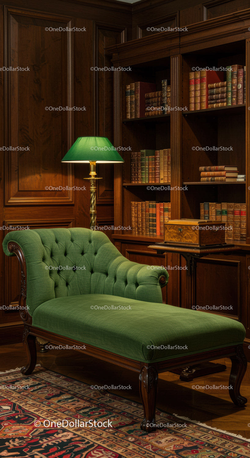 Klasyczny kącik biblioteczny z zabytkową zieloną leżanką