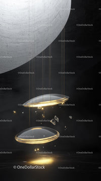Futuristic Abstract Design with Metallic Spheres and Golden Discs