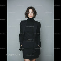 Elegant Female Model in Black Suit Posing for Fashion Photography