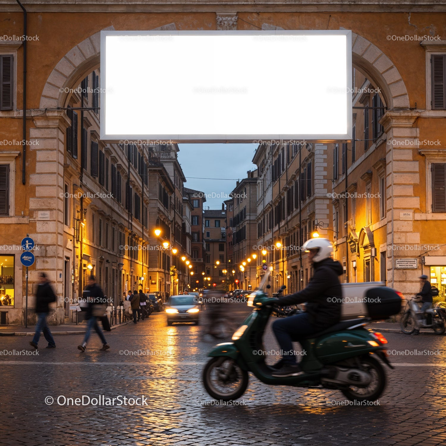 Evening street scene with scooter and illuminated sign