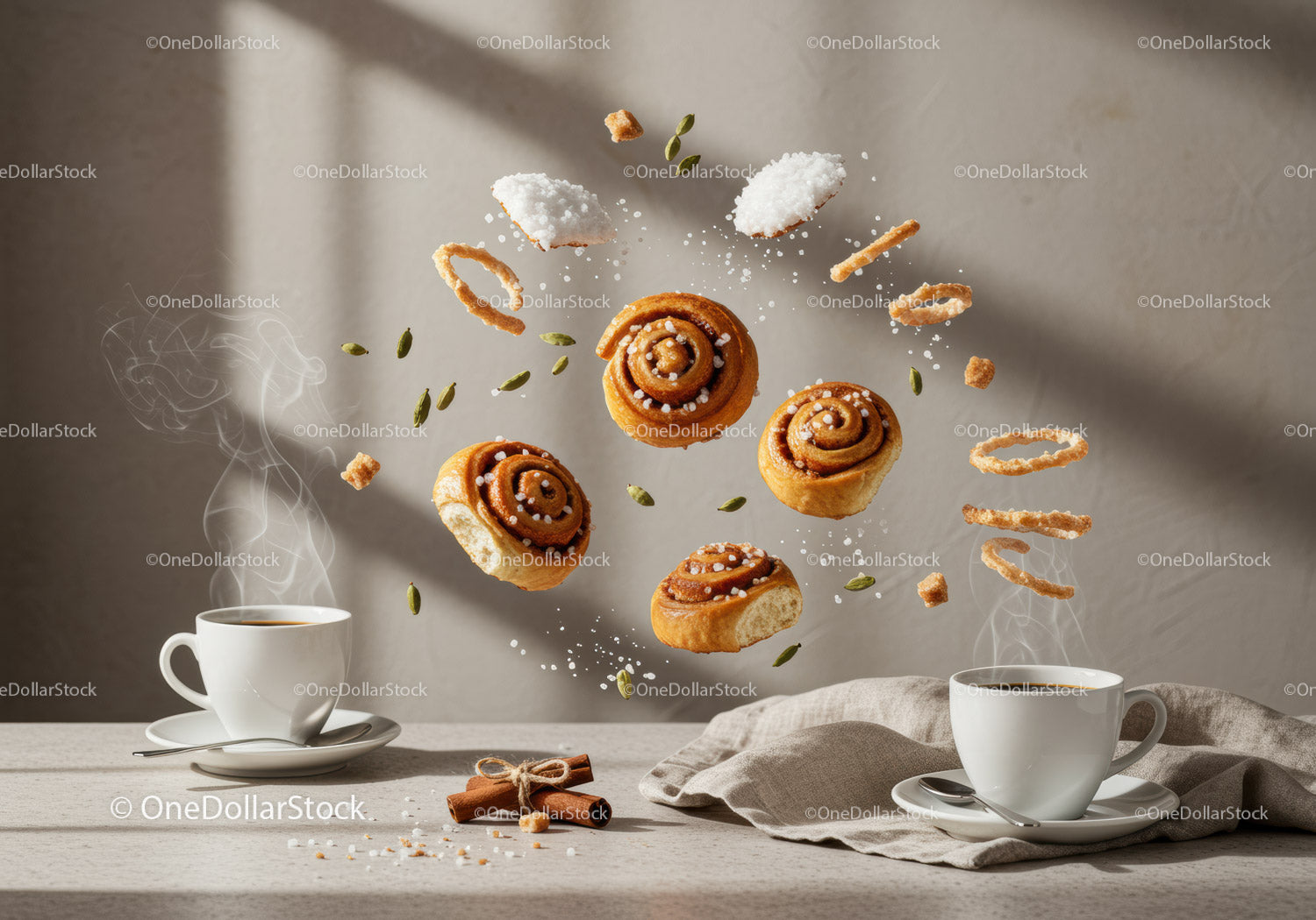 Steaming Coffee with Floating Cinnamon Buns and Spices