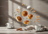 Steaming Coffee with Floating Cinnamon Buns and Spices