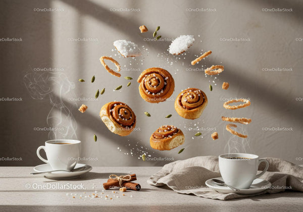 Steaming Coffee with Floating Cinnamon Buns and Spices