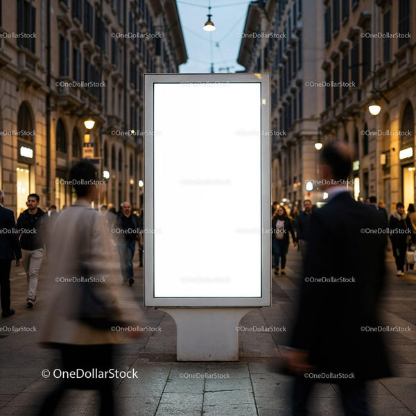 Empty illuminated billboard on busy city street in evening JPG Mockup Image