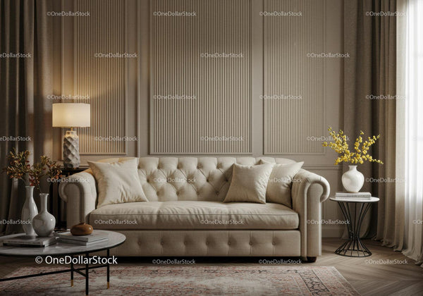 Elegant beige sofa in cozy modern living room interior