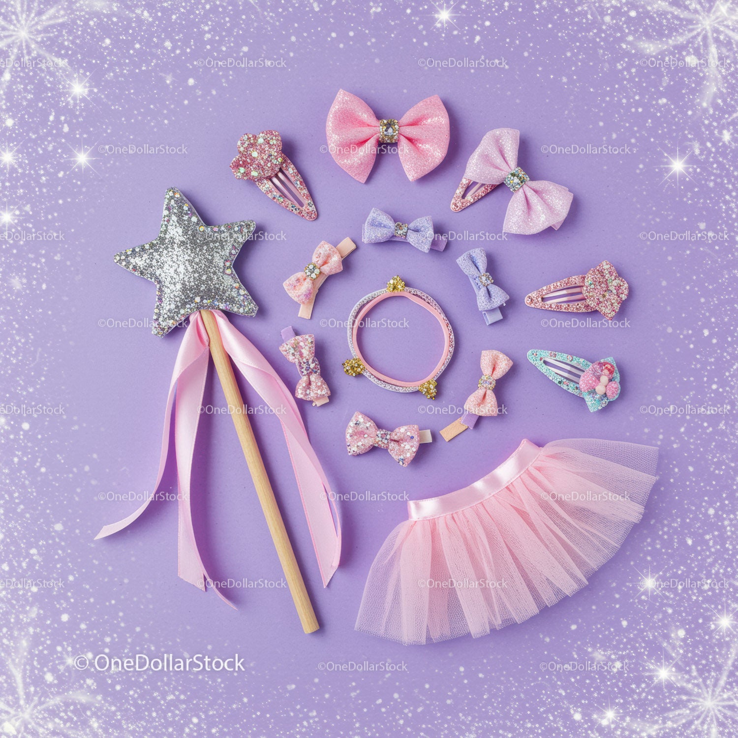 Sparkling Fairy Accessories and Tutu on Purple Background