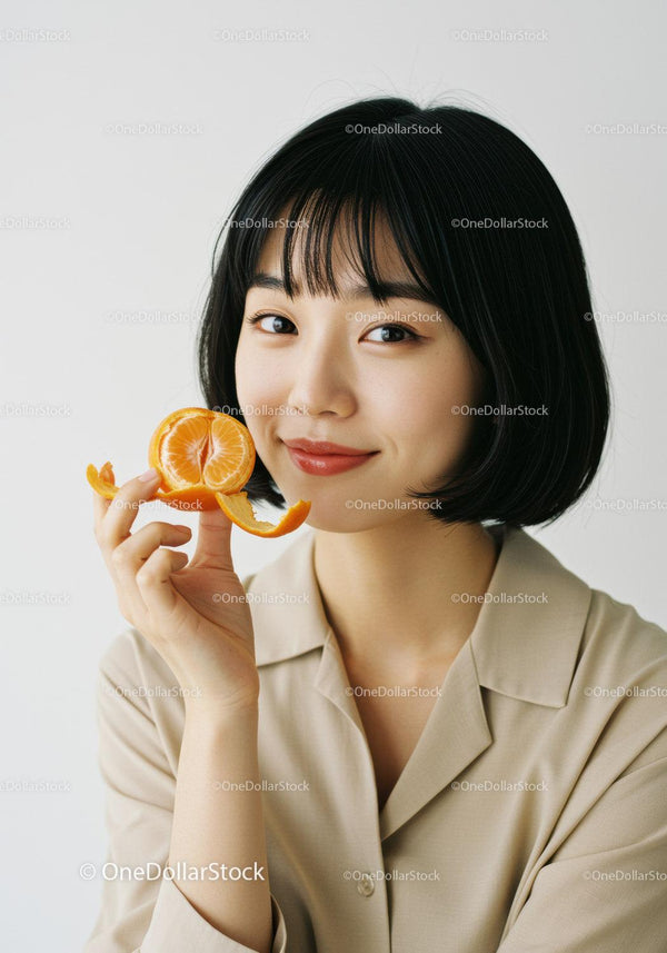 Smiling Woman Holding Fresh Orange Slices in Portrait