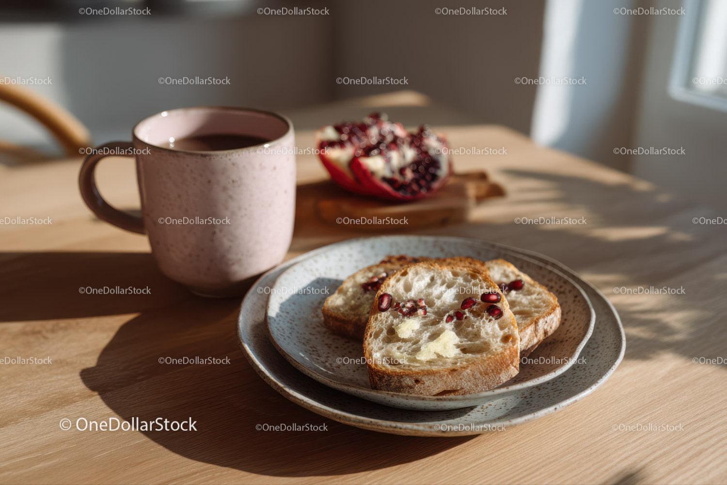 Fresh Bread with Pomegranate Seeds and Hot Beverage on Wooden Table
