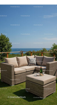 Elegant Outdoor Sofa Set with Scenic Ocean View on Sunny Day