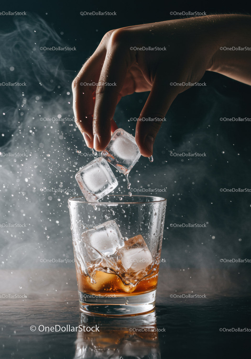Hand Adding Ice Cubes to Whiskey Glass with Splash