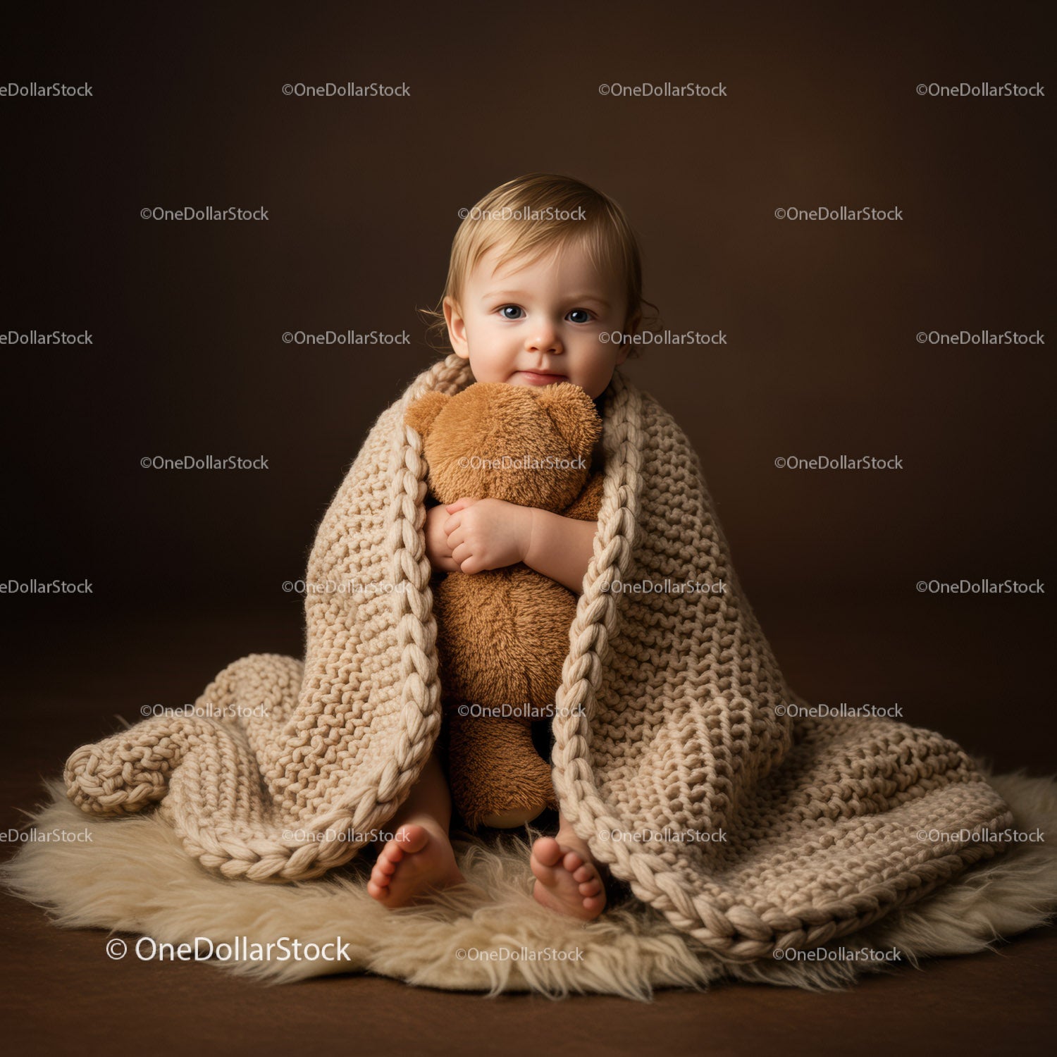 Toddler wrapped in cozy blanket hugging teddy bear