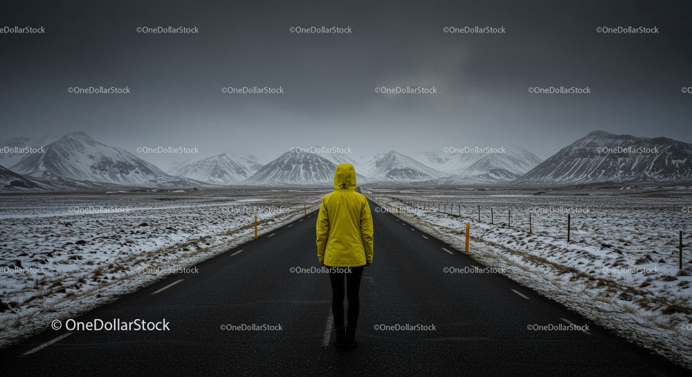 Lonely Traveler in Yellow Jacket on Snow-Covered Road