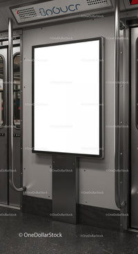 Blank advertising board inside modern subway car