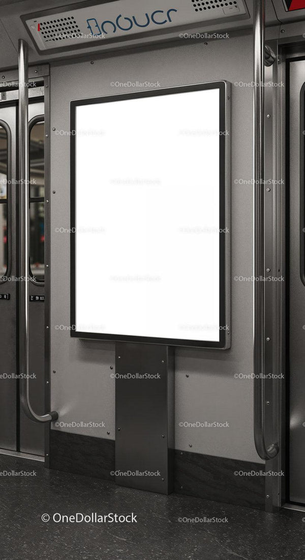 Blank advertising board inside modern subway car JPG Mockup Image