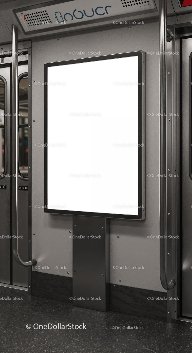 Blank advertising board inside modern subway car