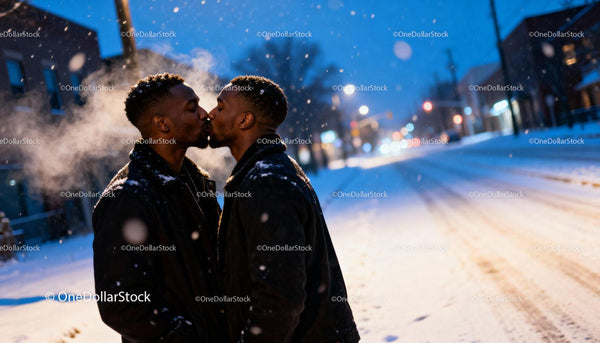 Two Men Sharing a Tender Kiss on a Snowy Evening