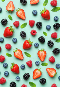 Fresh Mixed Berries and Mint Leaves on Blue Background