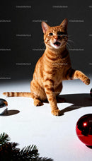 Curious orange tabby cat playing with holiday ornaments