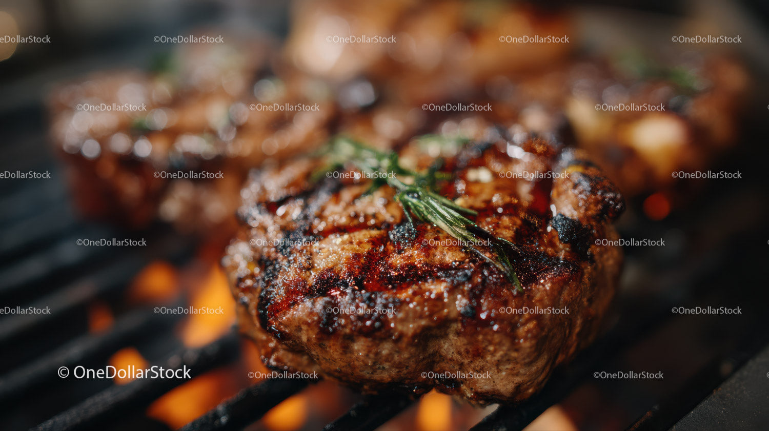 Juicy Grilled Steak with Herbs on Open Fire Grill