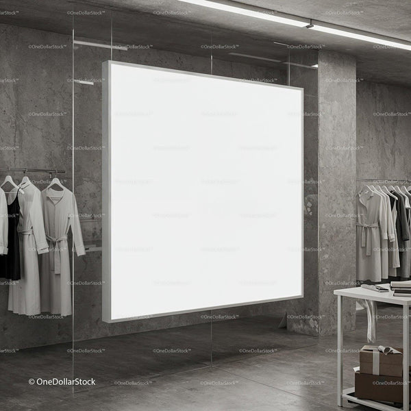 Minimalist Clothing Store with Blank Lighted Display Panel JPG Mockup Image
