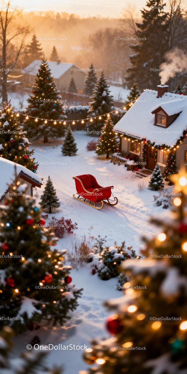 Snowy Christmas village with decorated trees and sleigh