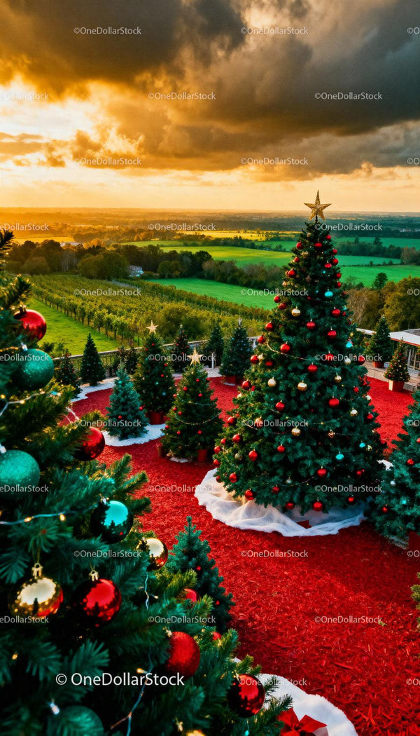 Decorated Christmas Trees on Red Mulch in Scenic Countryside