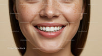 Close-up of smiling woman with natural freckles