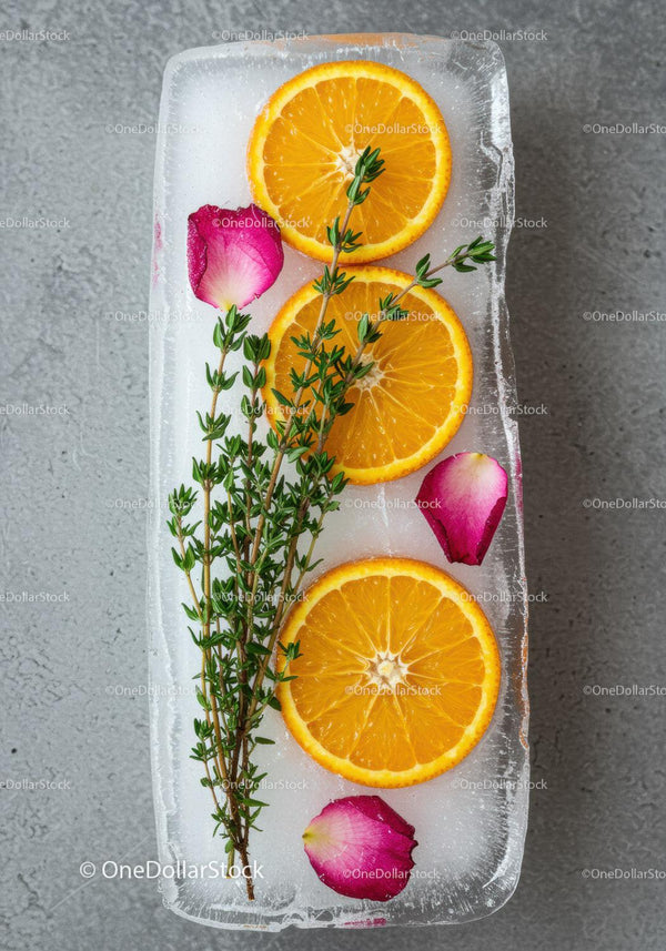 Fresh orange slices with thyme and rose petals on ice