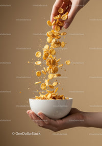 Hand pouring crunchy cornflakes into white bowl