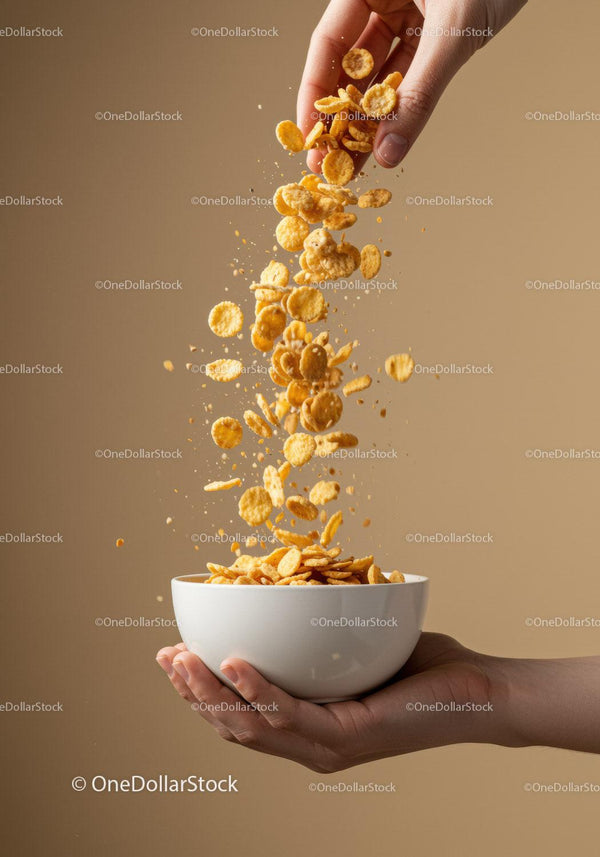 Hand pouring crunchy cornflakes into white bowl
