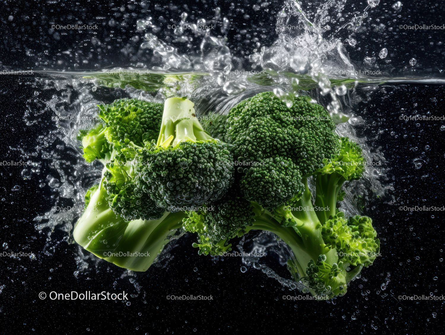 Fresh Green Broccoli Heads in Water Splash for Healthy Food Concept