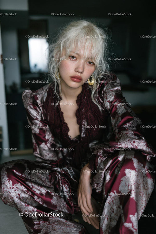 Fashion Portrait of a Young Woman with Platinum Blonde Hair in Contemporary Setting