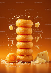 Stack of Crunchy Cheese Rings with Scattered Cheese Pieces