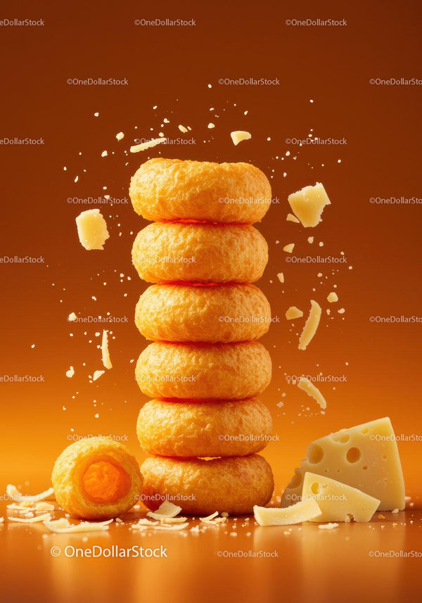 Stack of Crunchy Cheese Rings with Scattered Cheese Pieces