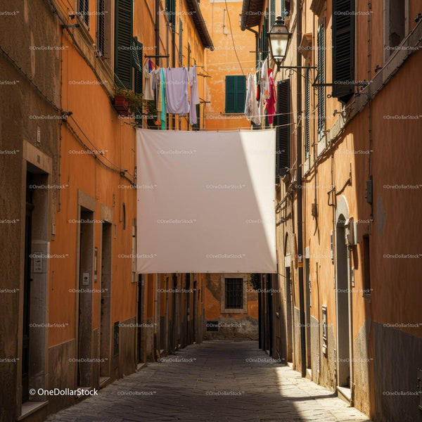 Quiet narrow street with drying clothes in warm sunlight JPG Mockup Image