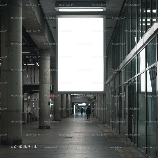 Empty urban corridor with large illuminated billboard JPG Mockup Image