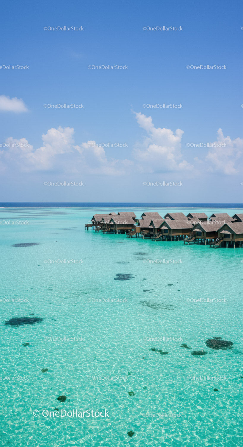 Overwater Bungalows on Turquoise Sea Under Bright Blue Sky