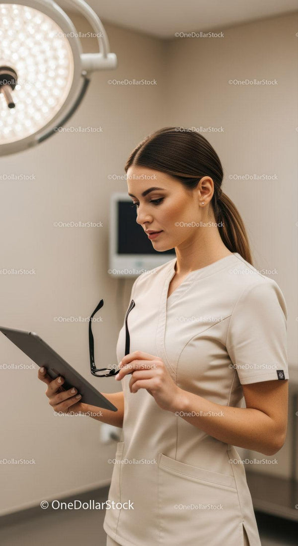 Professional Nurse Using Tablet in Modern Hospital Setting