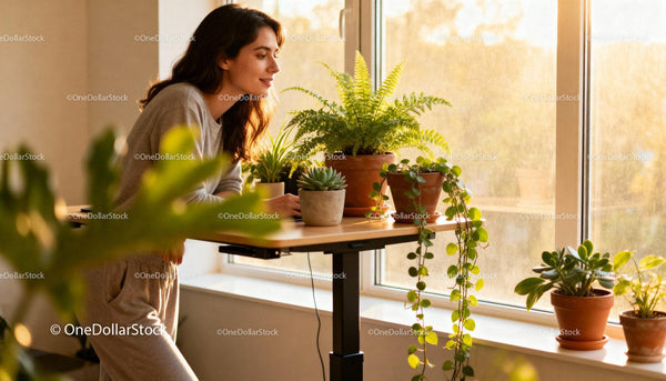 Young woman enjoying indoor plants by sunny window