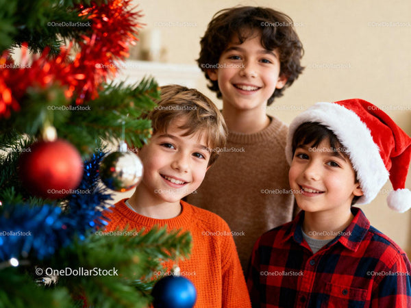 Three Smiling Boys Celebrating Christmas Together