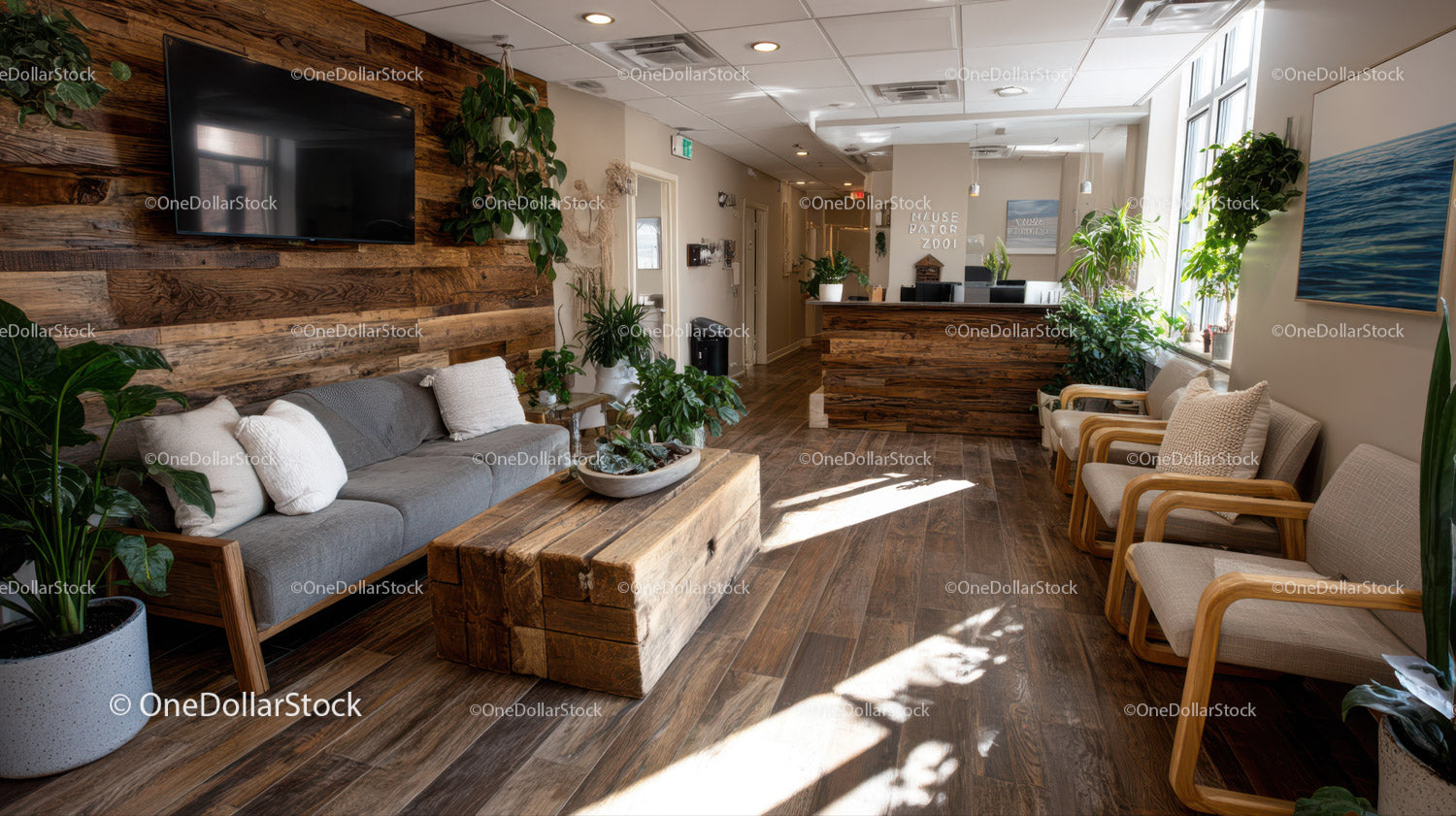 Modern Cozy Waiting Room with Wooden Decor and Greenery