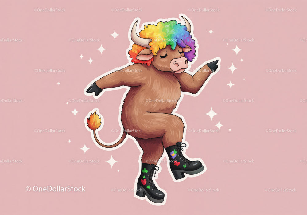 Cute Cartoon Cow with Rainbow Hair and Boots for Kids and Fashion