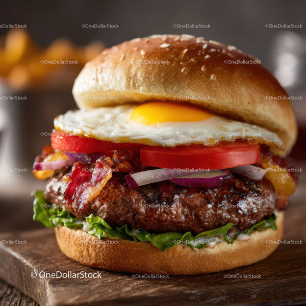 Juicy Beef Cheeseburger with Egg Lettuce Tomato and Bacon