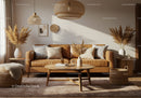 Cozy living room with camel leather sofa and natural decor