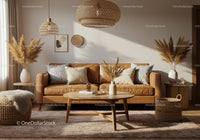 Cozy living room with camel leather sofa and natural decor