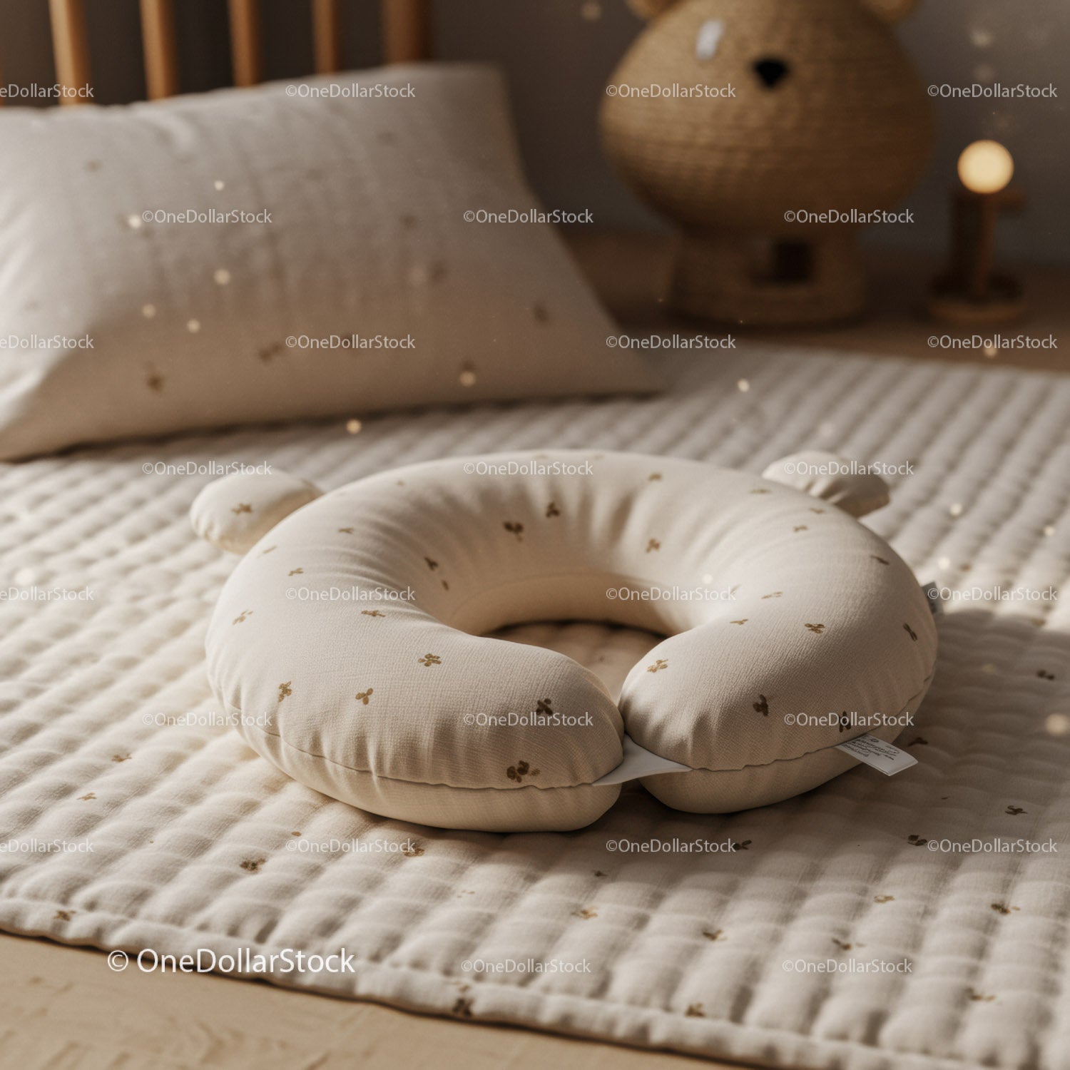 Soft baby pillow and bedding on cozy nursery bed