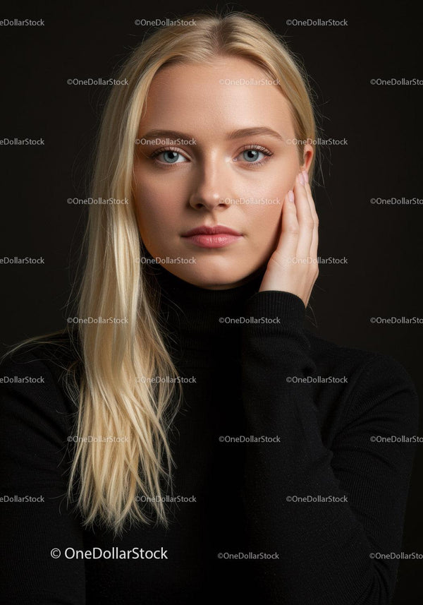 Blonde woman in black turtleneck gently touching face