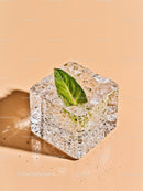 Fresh green leaf frozen in clear ice cube on beige