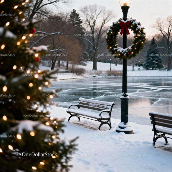Winter park scene with snowy benches and festive wreath