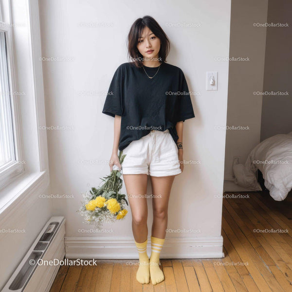 Young Woman in Casual Outfit Holding Flowers in Bright Indoor Scene